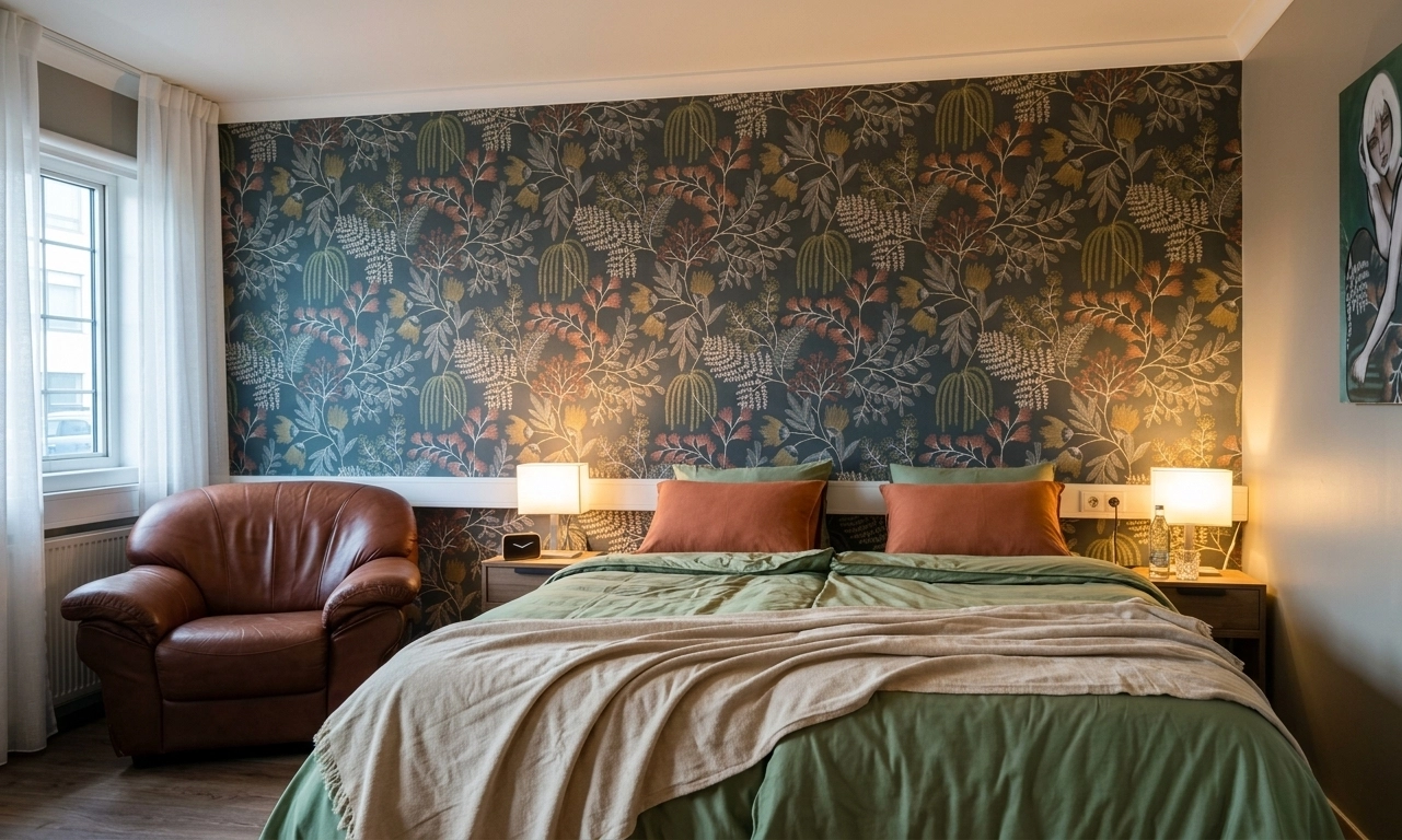 Nupan Deluxe boutique bedroom with botanical wallpaper and warm lighting